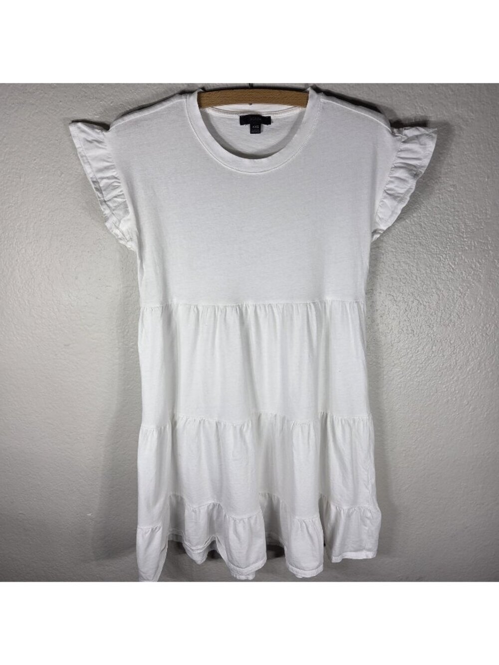 J Crew White Tiered Ruffle Mini Dress Size XXS Cotton Cap Sleeves Crew Neck